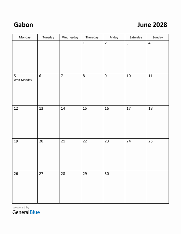 June 2028 Calendar with Gabon Holidays