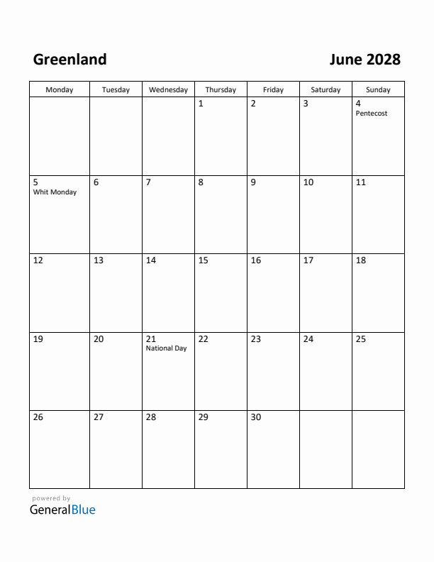 June 2028 Calendar with Greenland Holidays
