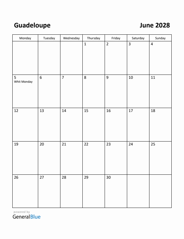 June 2028 Calendar with Guadeloupe Holidays