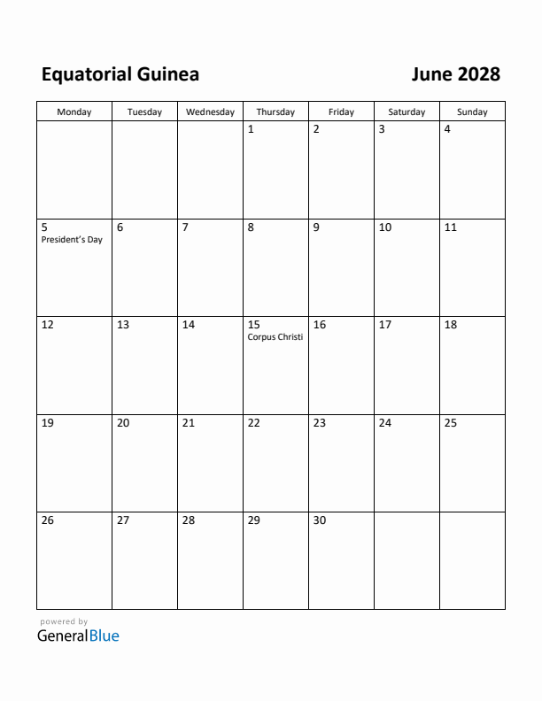June 2028 Calendar with Equatorial Guinea Holidays