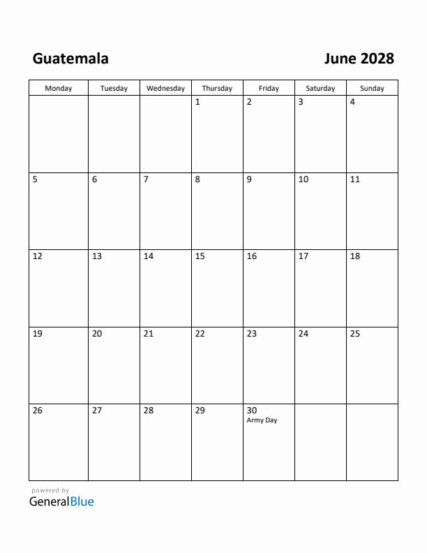 June 2028 Calendar with Guatemala Holidays