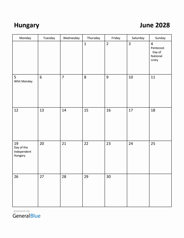 June 2028 Calendar with Hungary Holidays