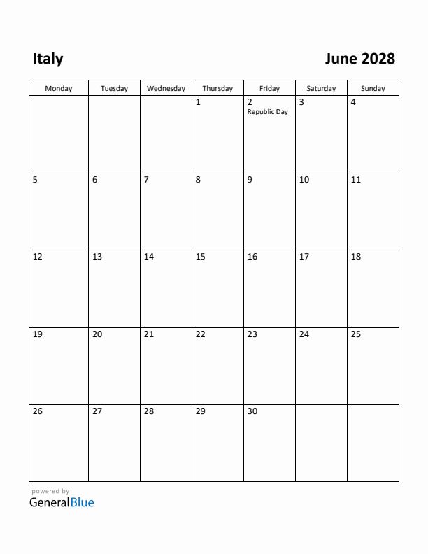 June 2028 Calendar with Italy Holidays
