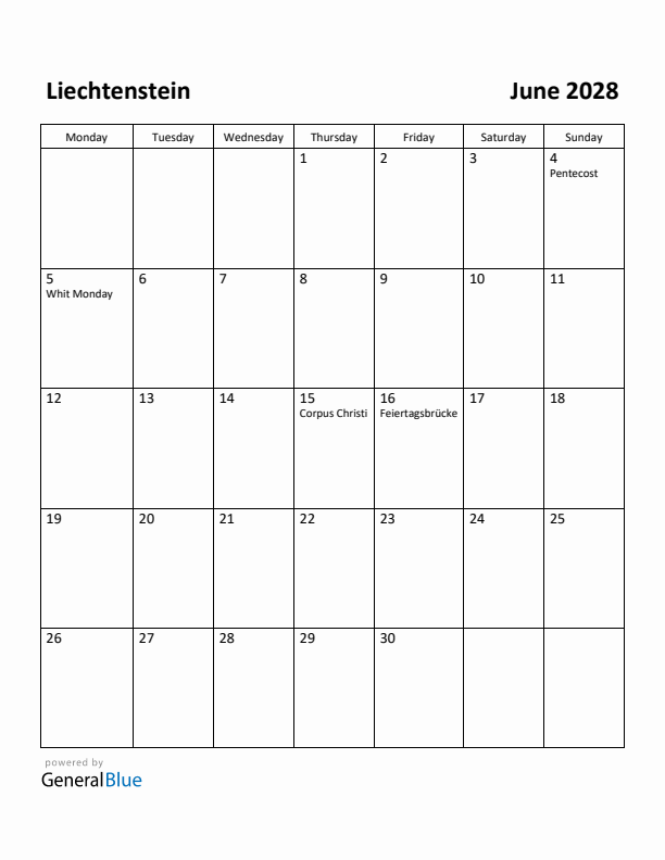June 2028 Calendar with Liechtenstein Holidays