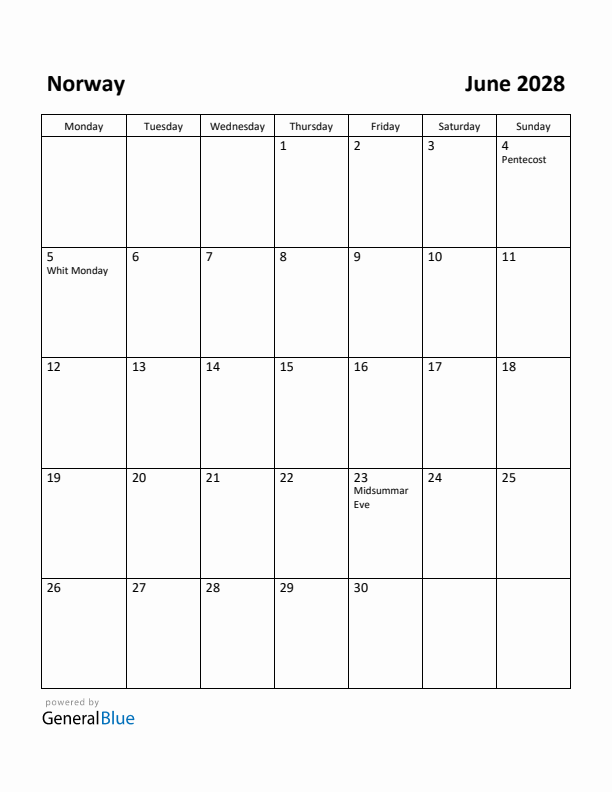 June 2028 Calendar with Norway Holidays