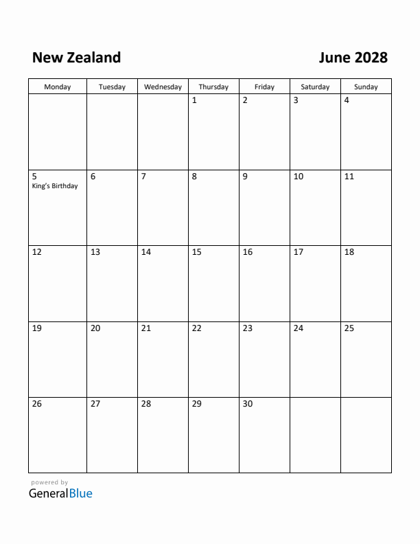 June 2028 Calendar with New Zealand Holidays