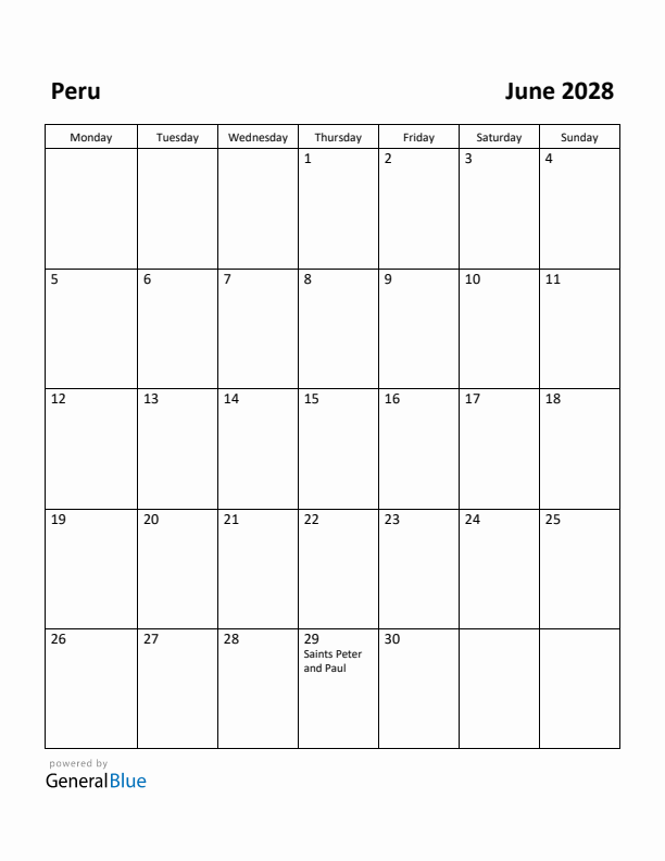 June 2028 Calendar with Peru Holidays