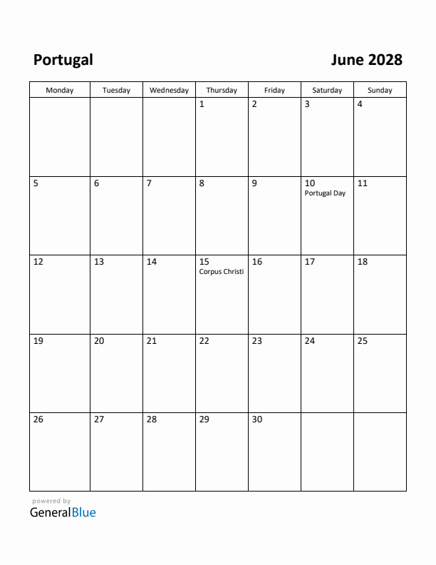 June 2028 Calendar with Portugal Holidays