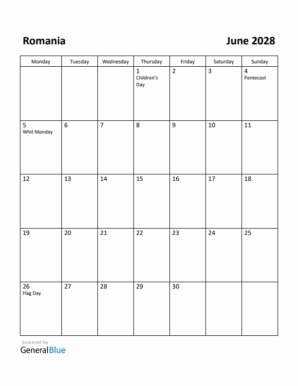 June 2028 Calendar with Romania Holidays