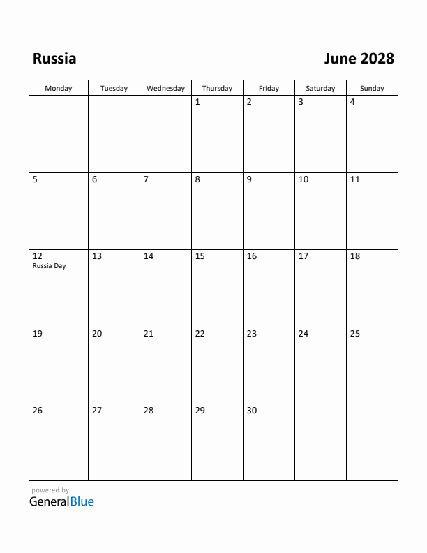 June 2028 Calendar with Russia Holidays