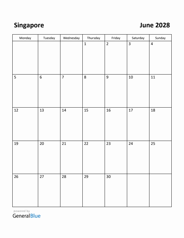 June 2028 Calendar with Singapore Holidays