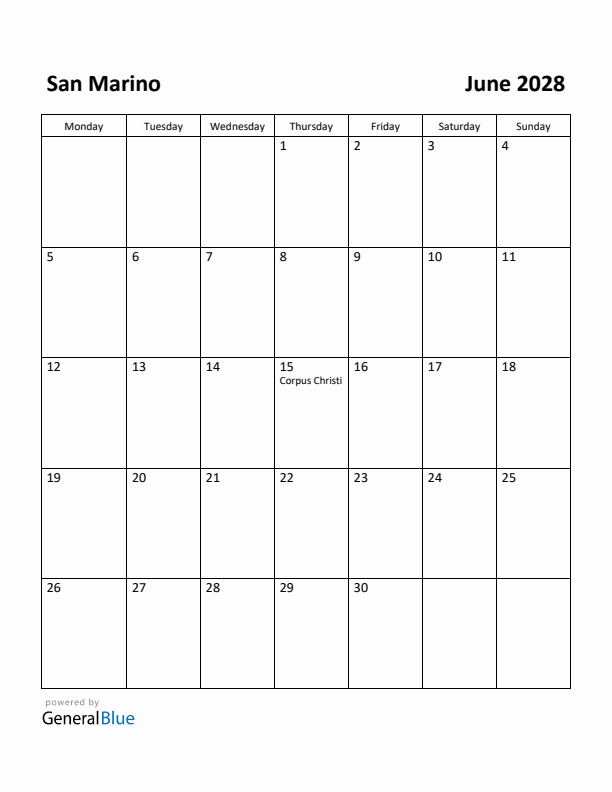 June 2028 Calendar with San Marino Holidays