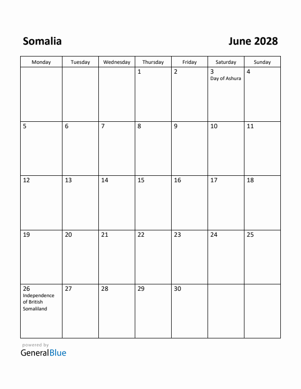 June 2028 Calendar with Somalia Holidays