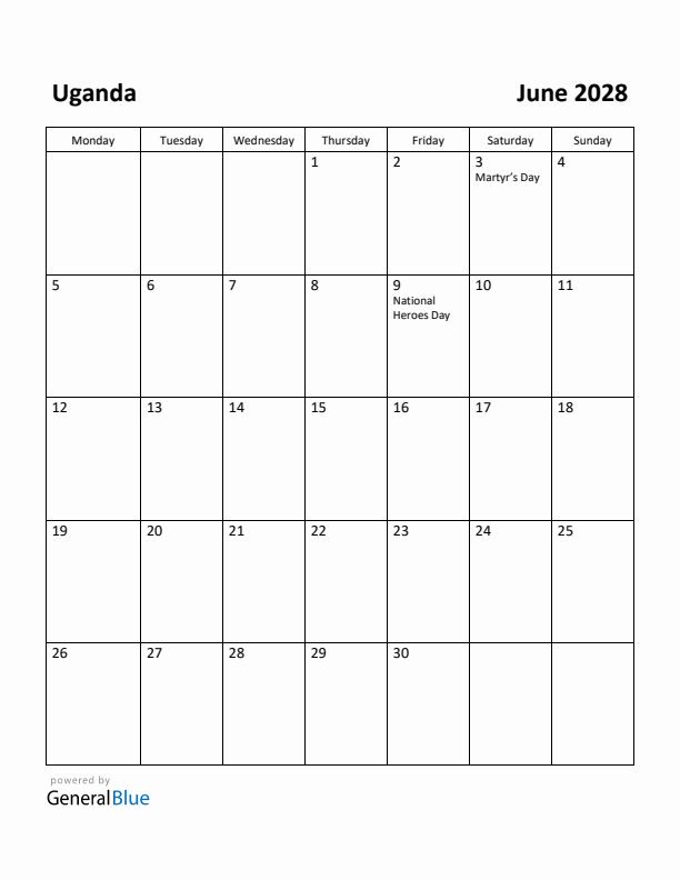 June 2028 Calendar with Uganda Holidays
