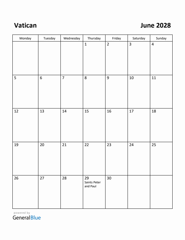 June 2028 Calendar with Vatican Holidays