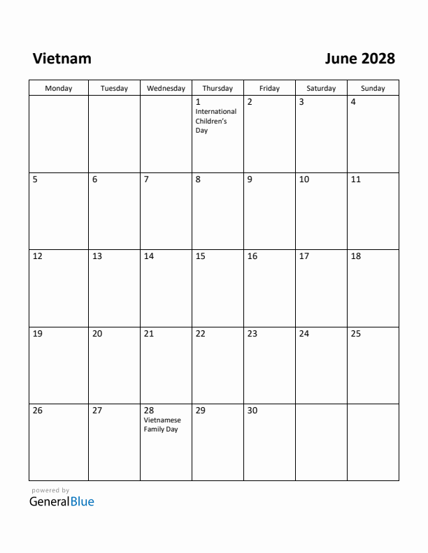 June 2028 Calendar with Vietnam Holidays