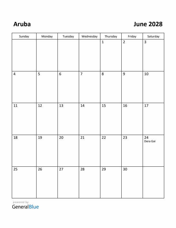 June 2028 Calendar with Aruba Holidays