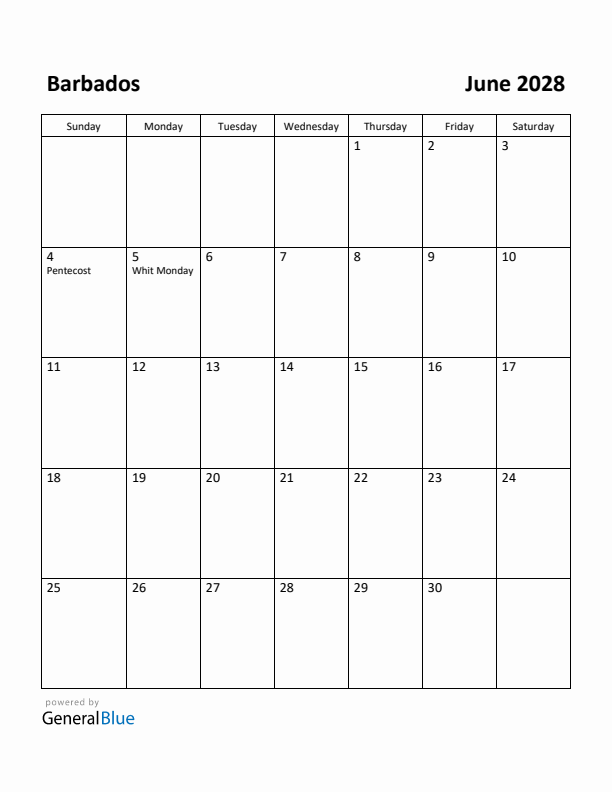 June 2028 Calendar with Barbados Holidays