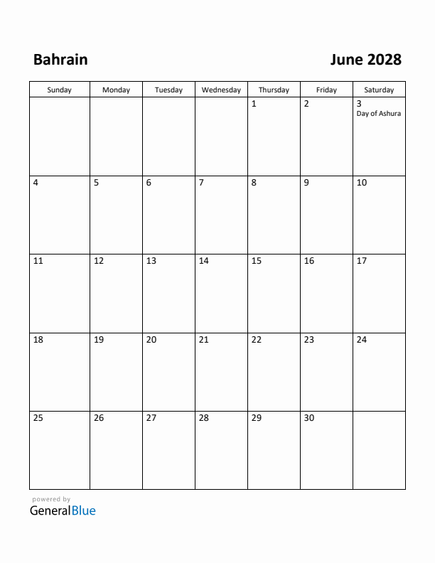 June 2028 Calendar with Bahrain Holidays