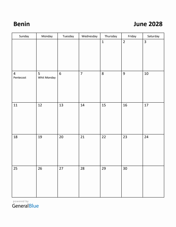 June 2028 Calendar with Benin Holidays