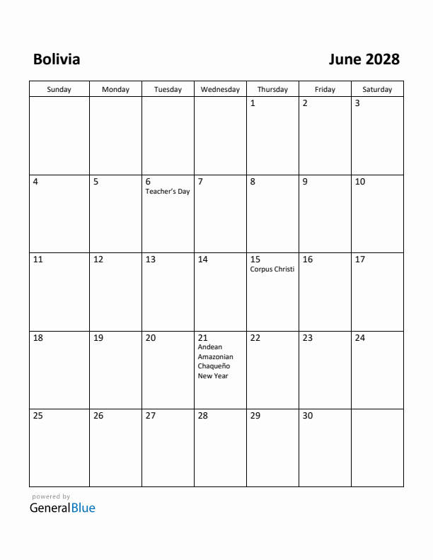 June 2028 Calendar with Bolivia Holidays