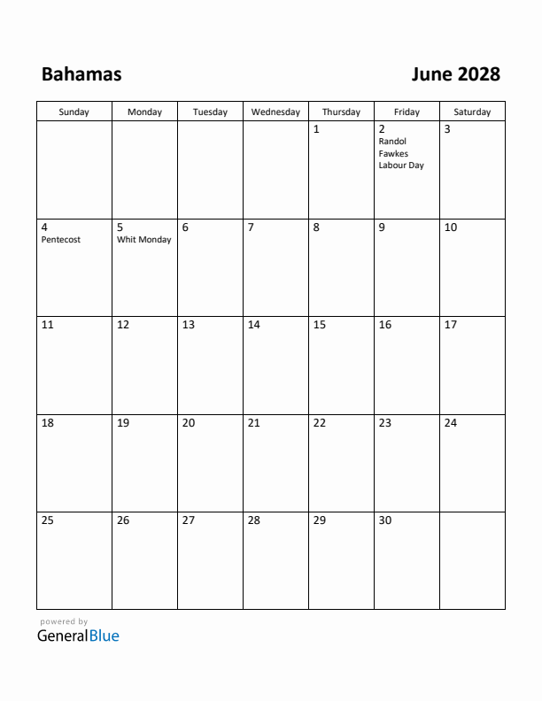 June 2028 Calendar with Bahamas Holidays