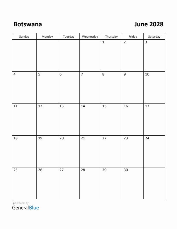 June 2028 Calendar with Botswana Holidays