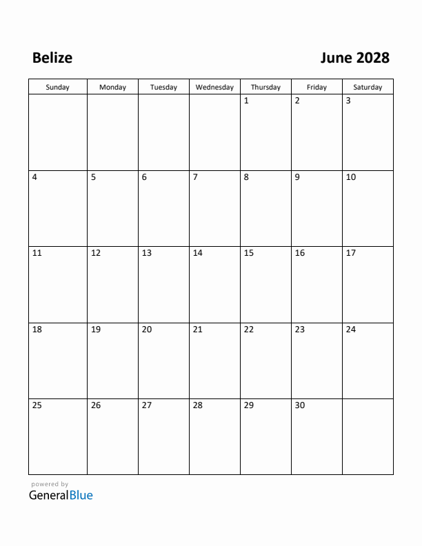 June 2028 Calendar with Belize Holidays