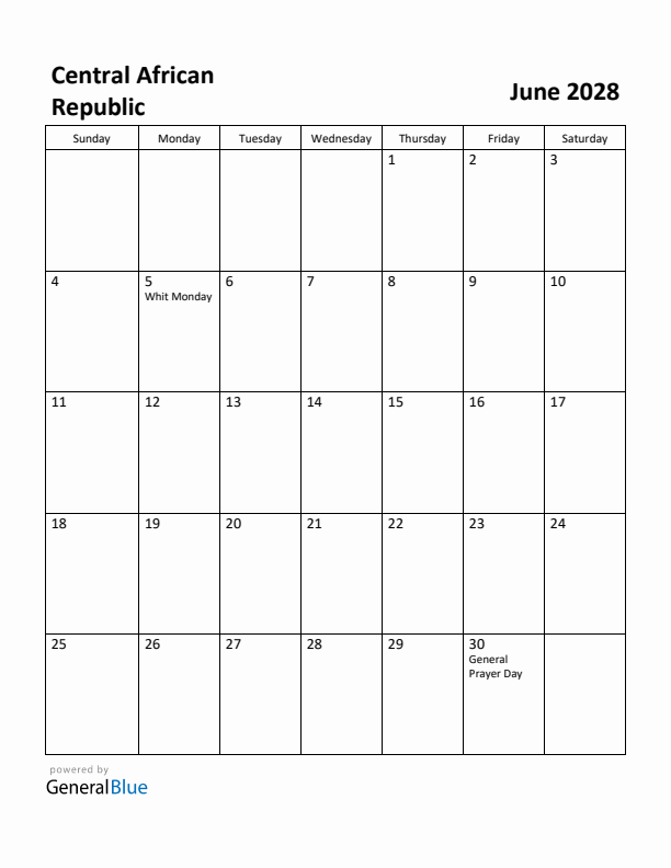 June 2028 Calendar with Central African Republic Holidays