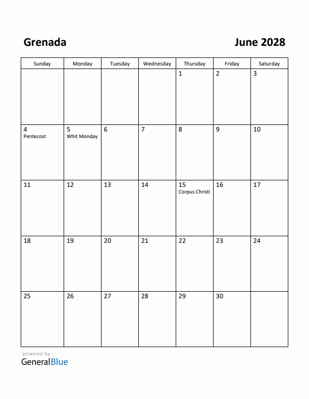 June 2028 Calendar with Grenada Holidays