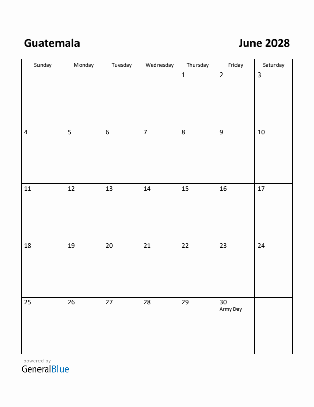 June 2028 Calendar with Guatemala Holidays