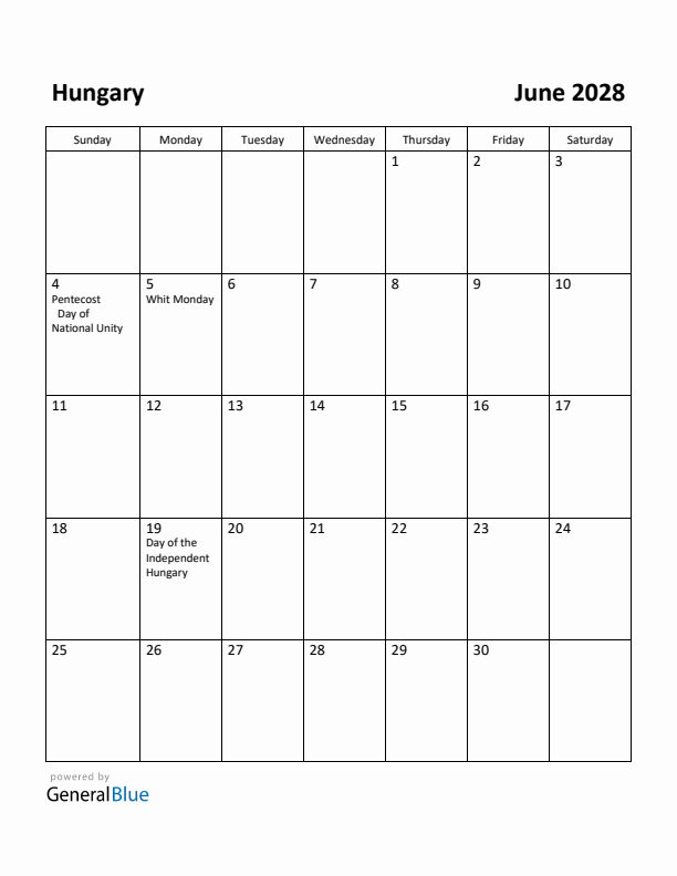 June 2028 Calendar with Hungary Holidays