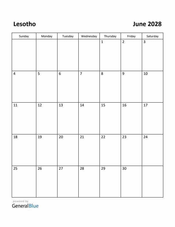 June 2028 Calendar with Lesotho Holidays