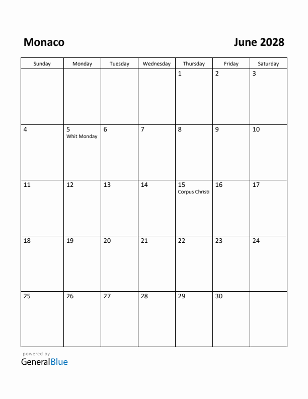 June 2028 Calendar with Monaco Holidays