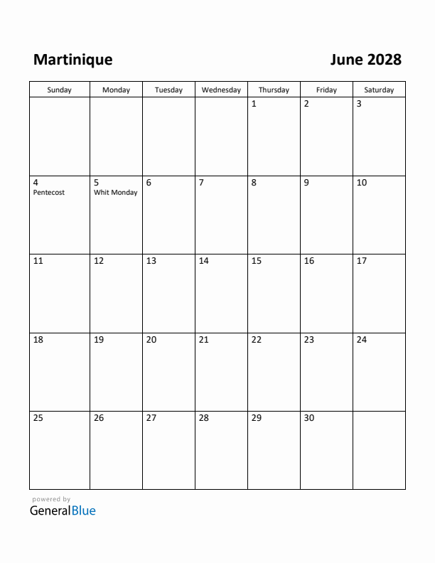 June 2028 Calendar with Martinique Holidays