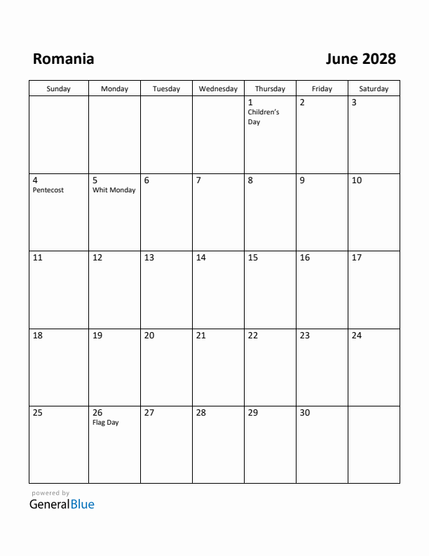 June 2028 Calendar with Romania Holidays