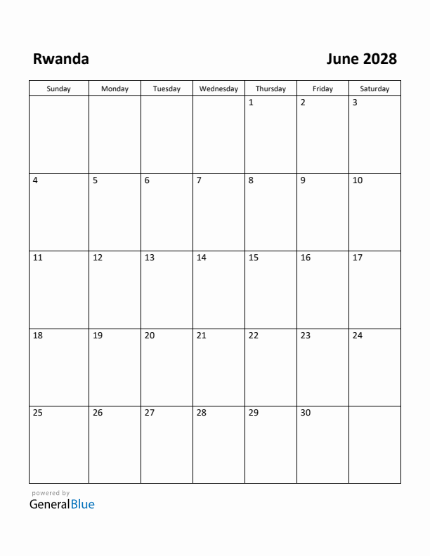 June 2028 Calendar with Rwanda Holidays