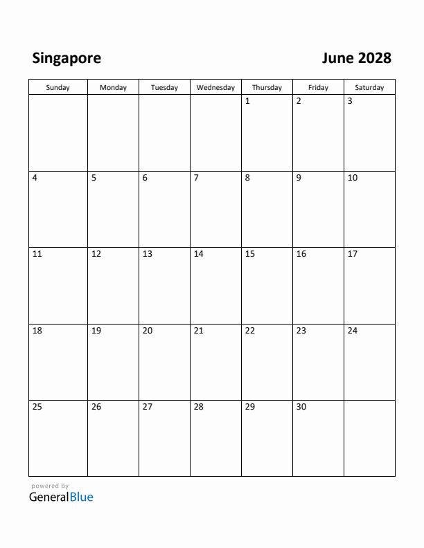 June 2028 Calendar with Singapore Holidays