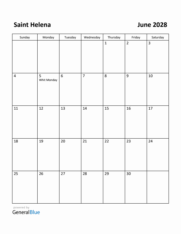 June 2028 Calendar with Saint Helena Holidays