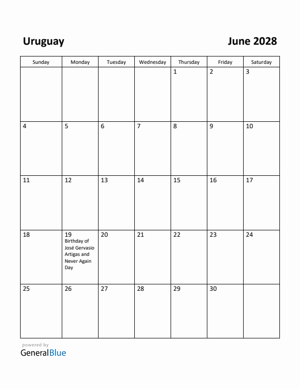 June 2028 Calendar with Uruguay Holidays