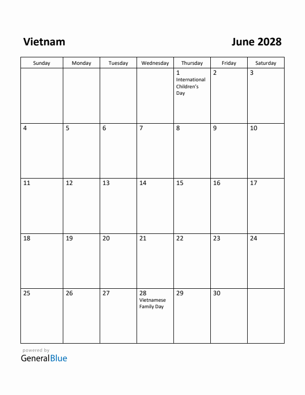 June 2028 Calendar with Vietnam Holidays