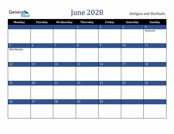 June 2028 Antigua and Barbuda Calendar (Monday Start)
