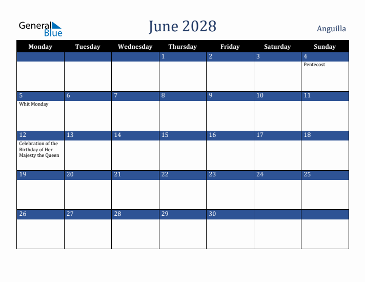 June 2028 Anguilla Calendar (Monday Start)