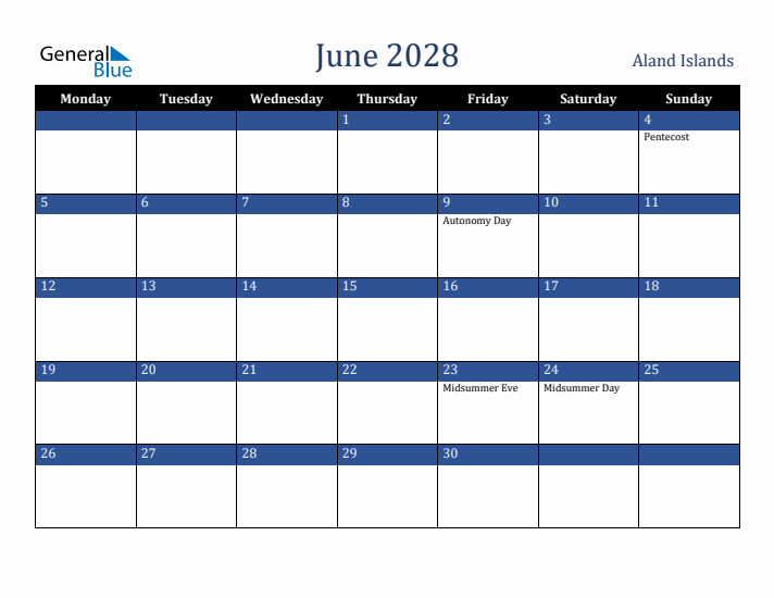June 2028 Aland Islands Calendar (Monday Start)