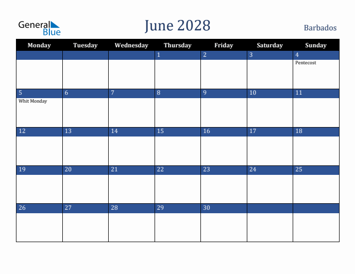 June 2028 Barbados Calendar (Monday Start)