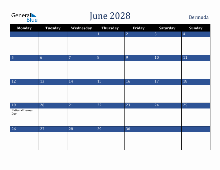 June 2028 Bermuda Calendar (Monday Start)