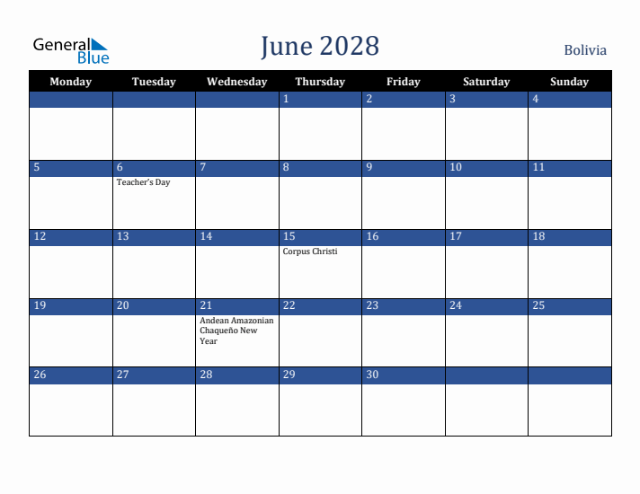 June 2028 Bolivia Calendar (Monday Start)