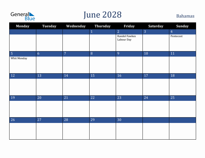 June 2028 Bahamas Calendar (Monday Start)