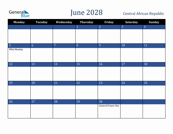 June 2028 Central African Republic Calendar (Monday Start)