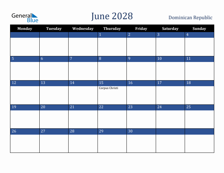 June 2028 Dominican Republic Calendar (Monday Start)
